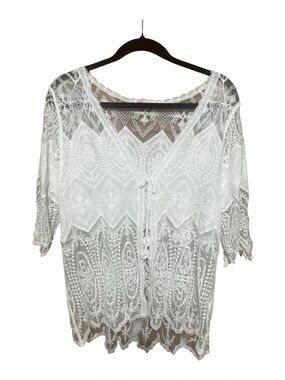 Parami Design Boho Romantic Lace Tie-Front Cardigan Blouse White Medium